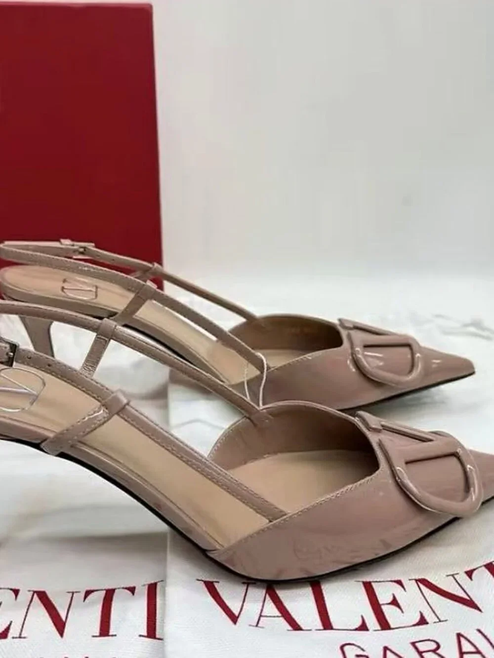 Valentino Nude Patent Leather VLogo Slingback Heels
